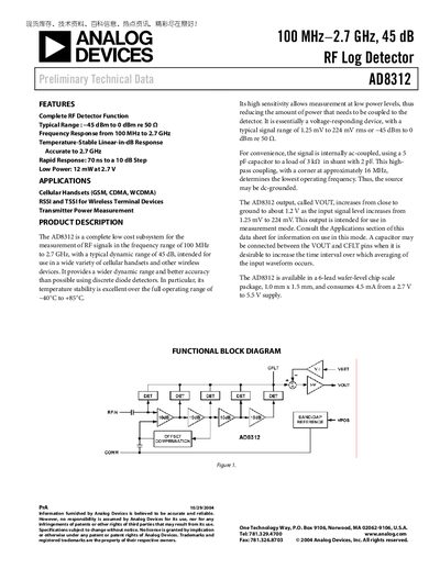 Analog Devices AD8312 RF Log Detector Datasheet - cover page