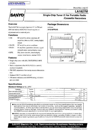 Sanyo LA1827M Single-Chip Tuner IC Datasheet - cover page