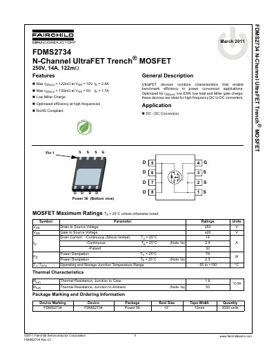 Fairchild Semiconductor FDMS2734 N-Channel MOSFET Datasheet - cover page