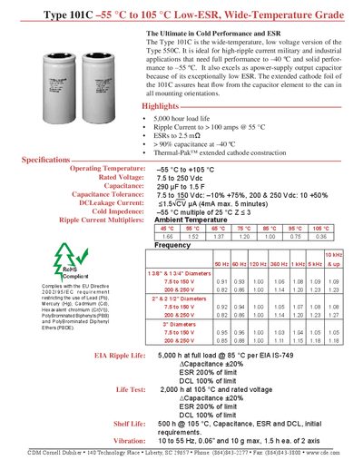 ROHS compliant Type 101C 55 &deg;C to 105 &deg;C Low-ESR Wide-Temperature Grade - cover page