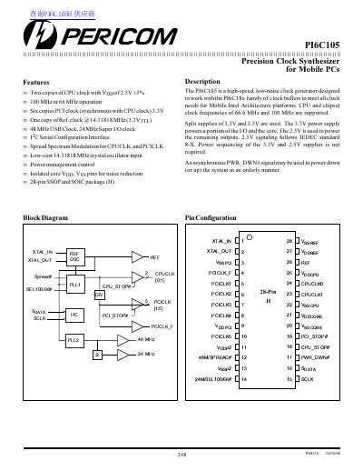 Pericom PI6C105 Precision Clock Synthesizer Datasheet