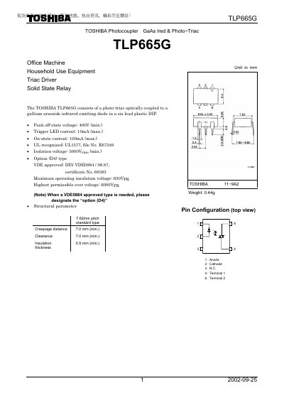 Toshiba TLP665G Photocoupler Datasheet - cover page