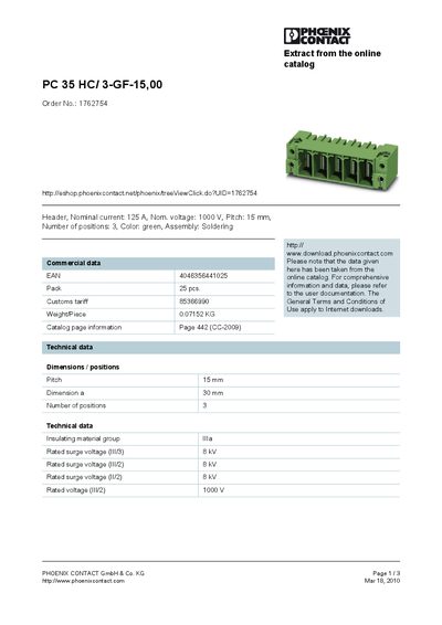 PHOENIX CONTACT PC 35 HC/ 3-GF-15 00 Order No.: 1762754 handbook - cover page