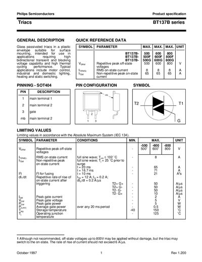 Philips BT137B Series Triac Datasheet - cover page