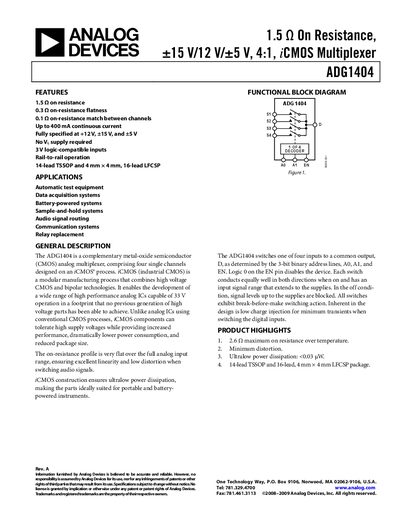 Analog Devices ADG1404 iCMOS Multiplexer Datasheet - cover page