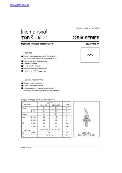 International Rectifier 22RIA Series Medium Power Thyristor Datasheet - cover page