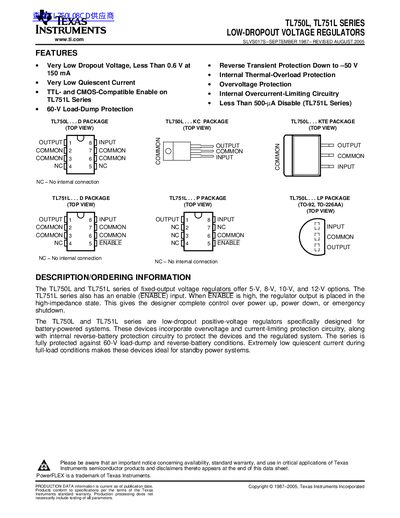 Texas Instruments TL750L/TL751L Low-Dropout Voltage Regulators Datasheet - cover page