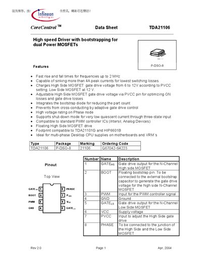 Infineon TDA21106 High Speed Driver Data Sheet - cover page