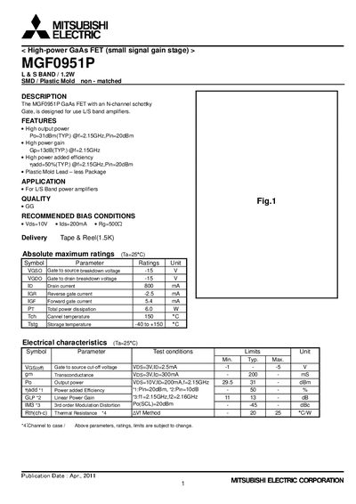 Mitsubishi Electric MGF0951P GaAs FET Datasheet - cover page
