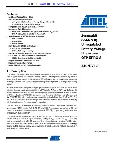 Atmel AT27BV020 Datasheet - cover page