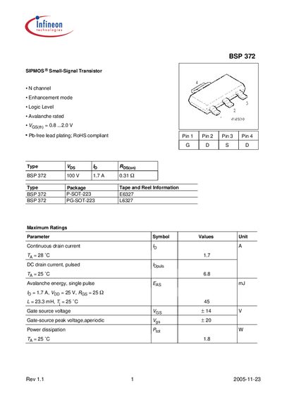 Infineon BSP 372 Small‑Signal Transistor Datasheet - cover page