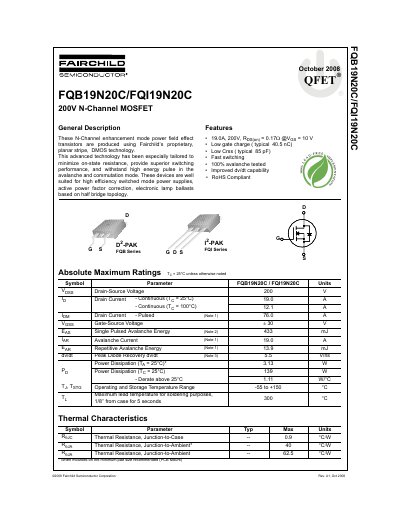 Fairchild FQB19N20C/FQI19N20C 200V N-Channel MOSFET Datasheet - cover page