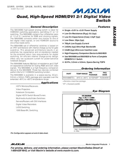 Maxim MAX4886 Quad High-Speed HDMI/DVI 2:1 Switch Datasheet - cover page
