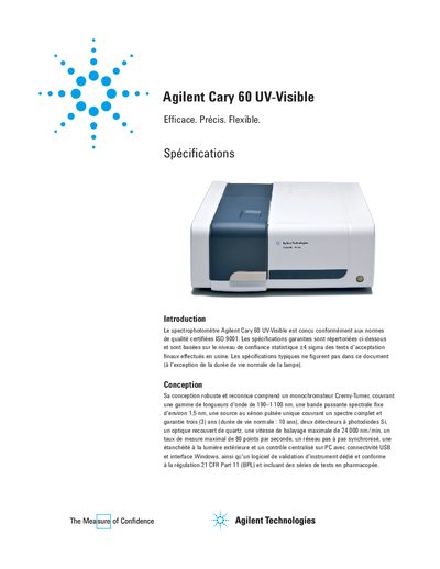 Agilent Cary 60 UV-Visible Spectrophotometer Specifications Manual - cover page