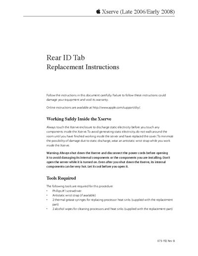 Apple Xserve Late 2006 Early 2008 Rear ID Tab Replacement Instructions - cover page