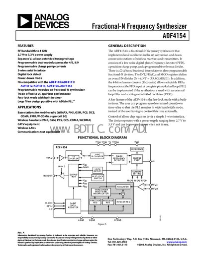 Analog Devices ADF4154 Fractional‑N Frequency Synthesizer Handbook - cover page