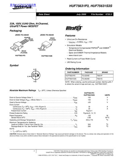 Intersil HUF75631P3/HUF75631S3S UltraFET Power MOSFET Datasheet - cover page
