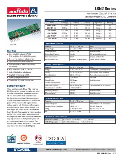 Murata LSN2 Series DC/DC Converter Ordering Guide - cover page