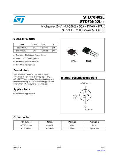STMICROELECTRONICS STD70N02L STD70N02L-1 Manual - cover page