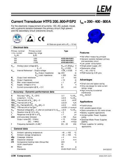 LEM HTFS 200..800-P/SP2 Current Transducer Datasheet - cover page