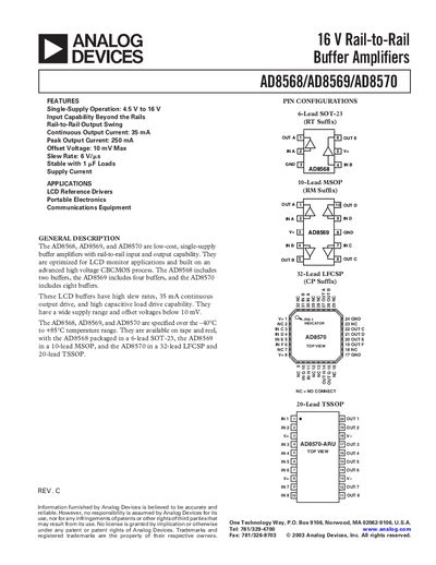 Analog Devices AD8568/AD8569/AD8570 Buffer Amplifier Datasheet