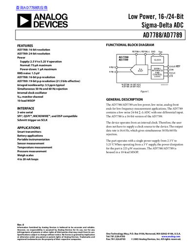 ANALOG DEVICES Low Power 16-/24-Bit Sigma-Delta ADC AD7788/AD7789 handbook - cover page