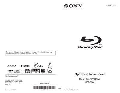 Sony BDP‑S360 Blu-ray Disc DVD Player User Manual - cover page