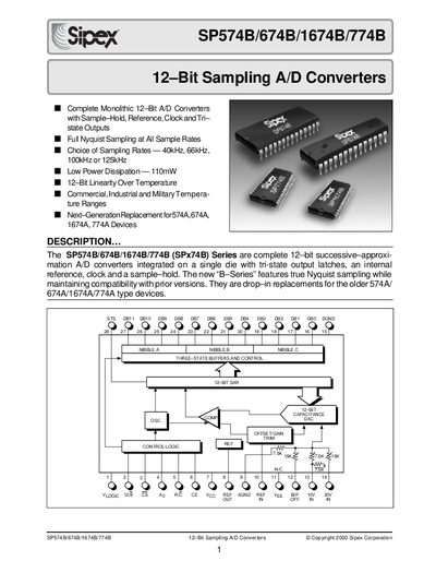 Sipex SP574B/674B/1674B/774B 12-Bit Sampling A/D Converters Datasheet - cover page