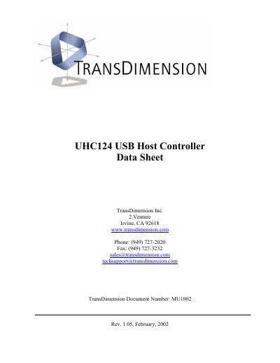 TransDimension UHC124 USB Host Controller Data Sheet - cover page
