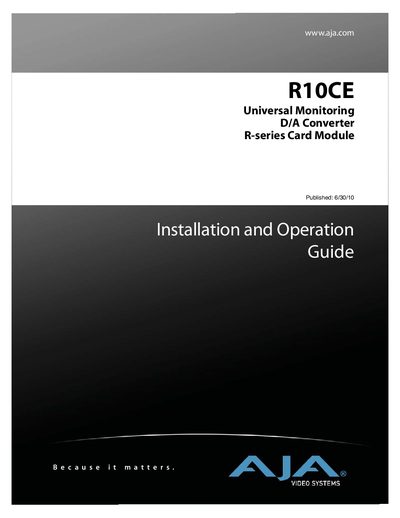 AJA R10CE Universal Monitoring D/A Converter Installation and Operation Guide - cover page