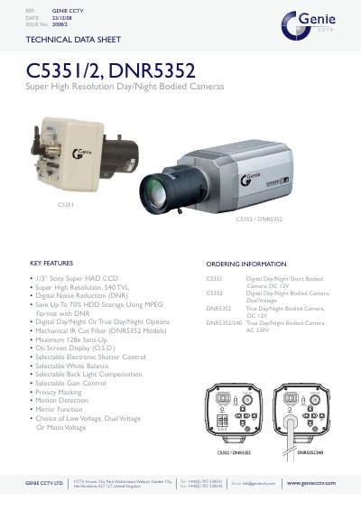 Genie CCTV C5351/C5352/DNR5352 Technical Data Sheet - cover page