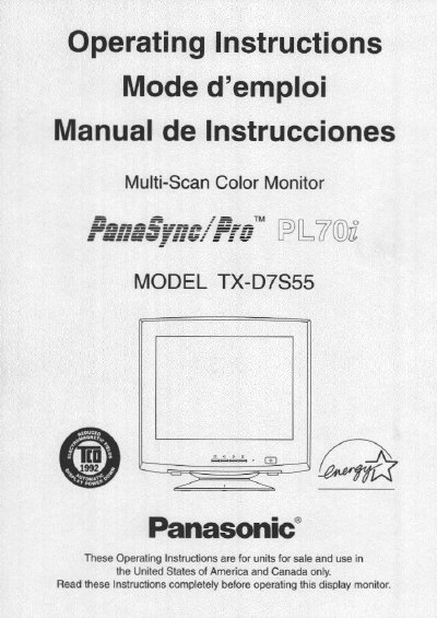 Panasonic PanaFync/Pro PL70i TX-D7S55 Monitor Manual - cover page