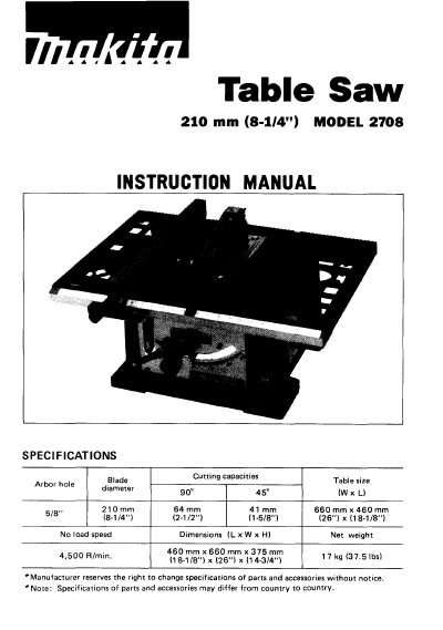 Makita 2708 Table Saw Instruction Manual - cover page