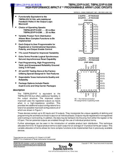 TEXAS INSTRUMENTS TIBPAL22VP10-20C TIBPAL22VP10-25M HIGH-PERFORMANCE IMPACT-X PROGRAMMABLE ARRAY LOGIC CIRCUITS handbook - cover page