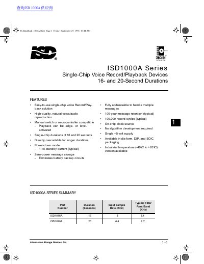 ISD 1000A series Single-Chip Voice Record/Playback Devices 16- 20-Second Durations technology data - cover page