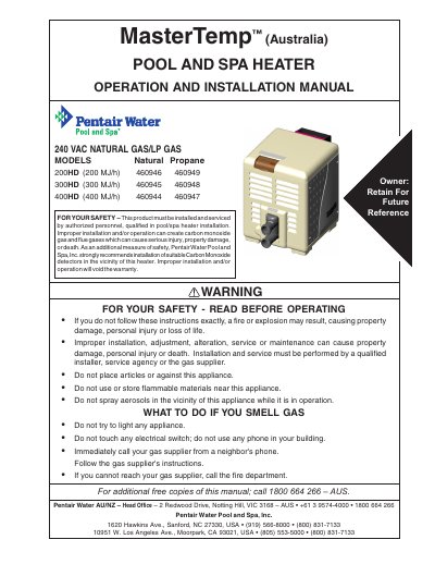 MasterTemp 200HD/300HD/400HD Pool and Spa Heater Operation and Installation Manual - cover page