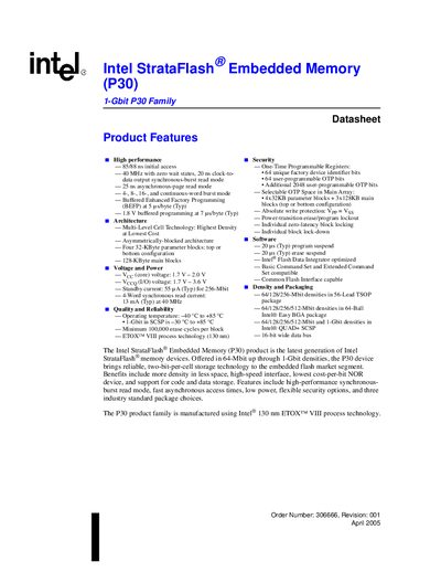 Intel StrataFlash P30 Embedded Memory Datasheet - cover page