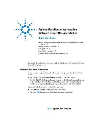 Agilent MassHunter Workstation Software Report Designer Add-in Quick Start Guide - cover page