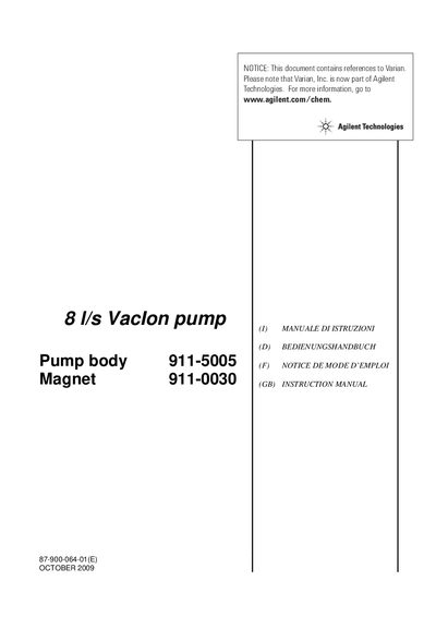 Agilent 8 l/s Vaclon Pump 911-5005 Instruction Manual - cover page