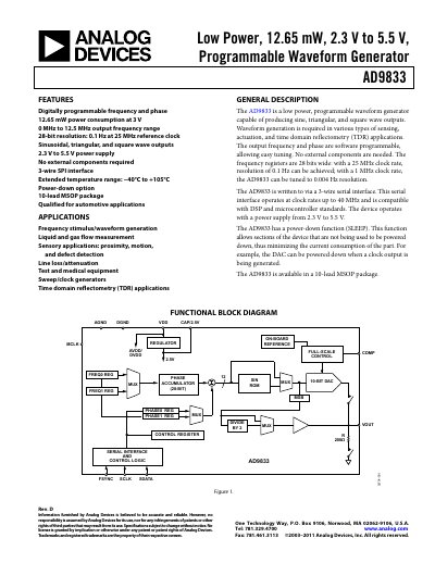 Analog Devices AD9833 Programmable Waveform Generator Data Sheet - cover page