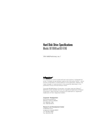 Maxtor 907 9GHO and 96 147H6 Hard Disk Drive Specifications - cover page
