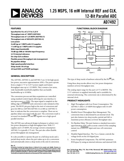 Analog Devices AD7492 12‑Bit Parallel ADC Datasheet