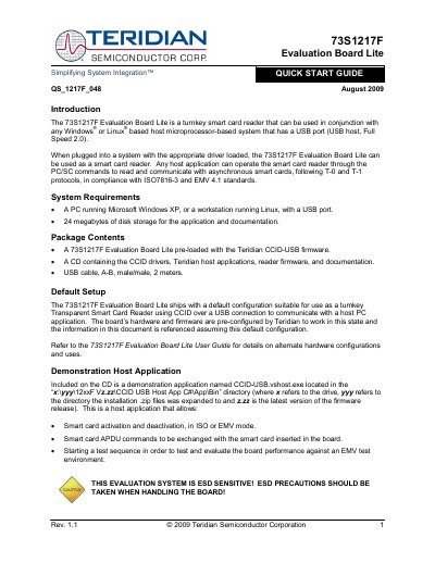 Teridian 73S1217F Evaluation Board Lite Quick Start Guide - cover page