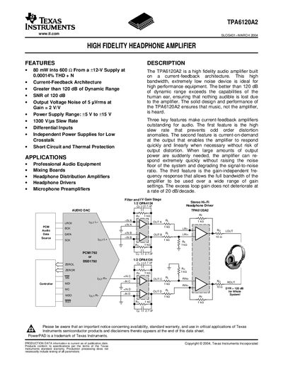 Texas Instruments TPA6120A2 Headphone Amplifier Datasheet - cover page