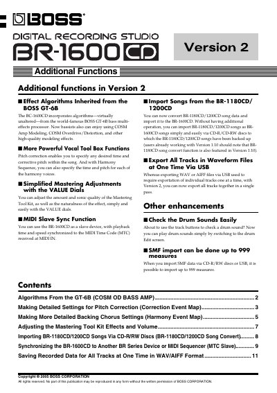 BOSS BR-1600CD Additional Functions Manual - cover page