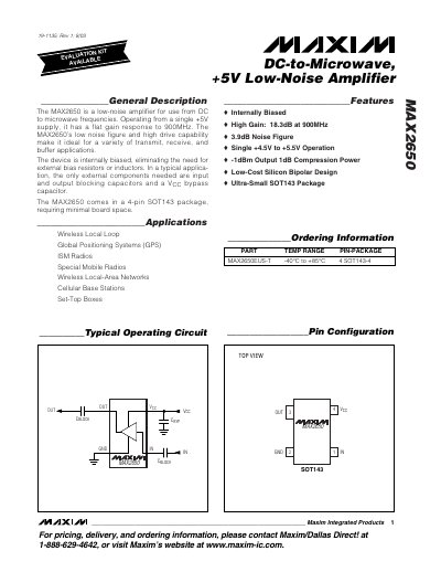 Maxim MAX2650 Low-Noise Amplifier Datasheet - cover page