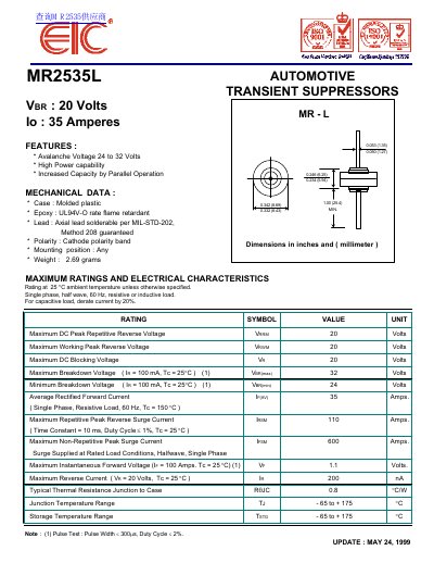 EIC MR2535L Automotive Transient Suppressor Datasheet - cover page