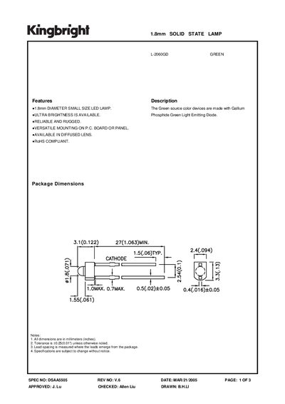 KINGBRIGHT - SPEC NO: DSAA5505 REV NO: V.6 1.8mm SOLID STATE LAMP Manual - cover page