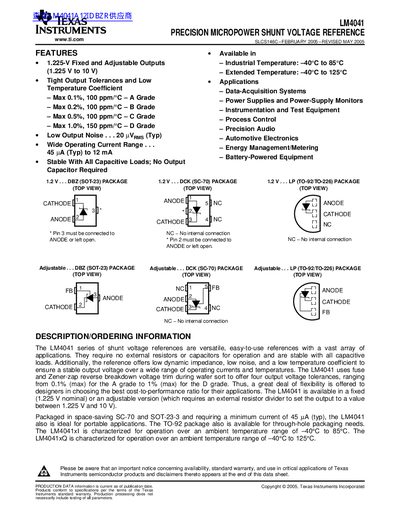 Texas Instruments LM4041 Precision Micropower Shunt Voltage Reference Datasheet - cover page