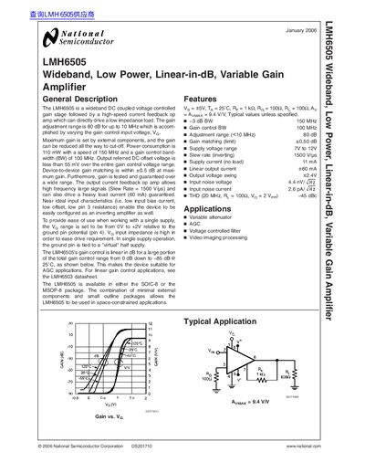 National Semiconductor LMH6505 Wideband Low Power Linear-in-dB Variable Gain Amplifier Datasheet - cover page